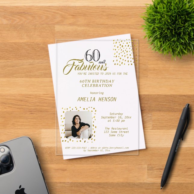 Invitations En Acrylique 60 and Fabulous Gold Glitter Photo 60th Birthday (Insitu (Carte d'invitation))