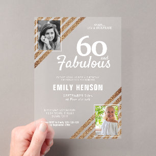 Invitations En Acrylique 60 ans et Fabuleux Paillettes Dorées 2 Photo 60e A