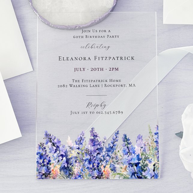 Invitations En Acrylique 60e anniversaire Bleu Larkspur Juillet Fleur de na (Créateur téléchargé)