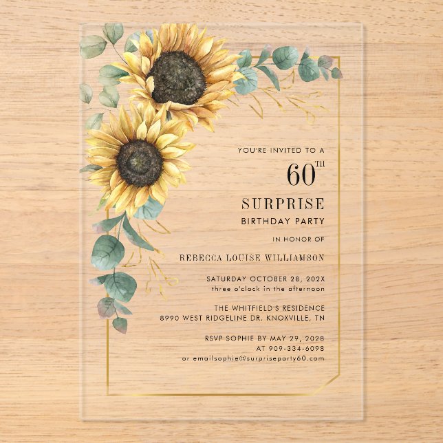 Invitations En Acrylique 60e anniversaire floral Eucalyptus tournesol (Recto)