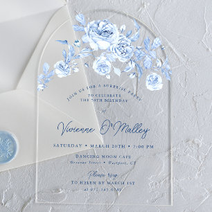 Invitations En Acrylique 70e anniversaire Surprise Party Blue Floral Arch