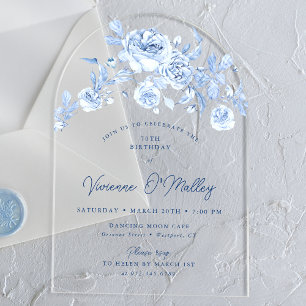 Invitations En Acrylique 70e fête d'anniversaire Dusty Blue Rose Floral Arc