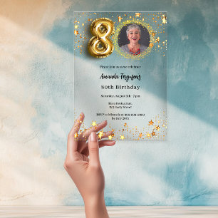 Invitations En Acrylique 80e anniversaire or photo étoiles clair