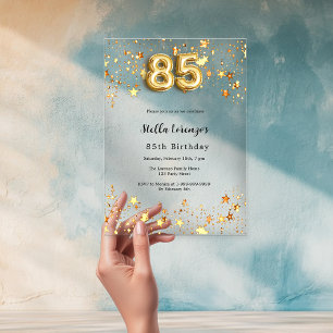 Invitations En Acrylique 85e anniversaire étoiles roses or transparent