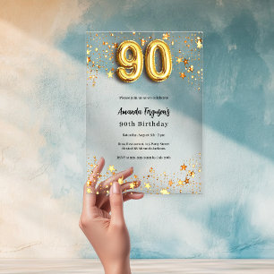 Invitations En Acrylique 90e anniversaire étoiles or clair