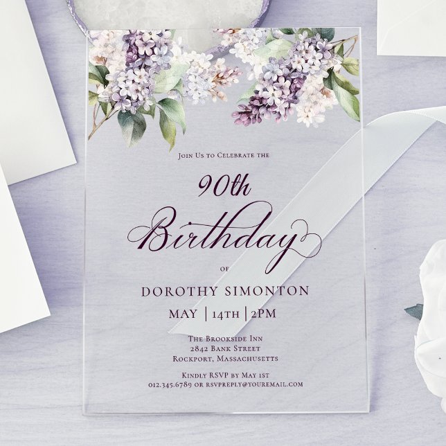 Invitations En Acrylique 90e anniversaire Purple Spring Fleur Lilac (Créateur téléchargé)