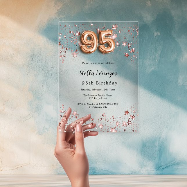 Invitations En Acrylique 95e anniversaire rose étoiles d'or clair (Créateur téléchargé)