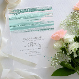 Invitations En Acrylique Abstrait Paint Strokes Mariage V3 Turquoise ID886