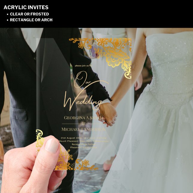Invitations En Acrylique AcRYLIC Mariage Gold Lace Texte Élégant Clear (Créateur téléchargé)