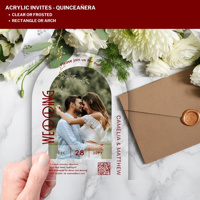 Invitations En Acrylique ACRYLIC Photo Wedding Invite Modern QR Code RSVP (Créateur téléchargé)
