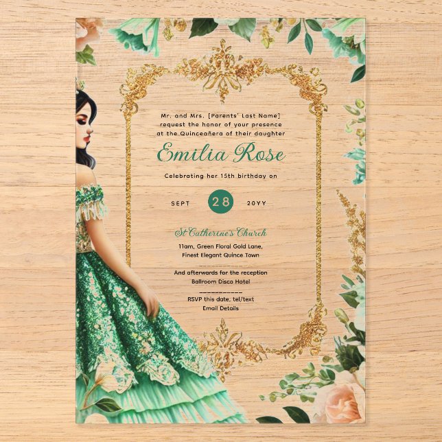 Invitations En Acrylique ACRYLIC Quinceañera Emerald GREEN Gold robe (Recto)