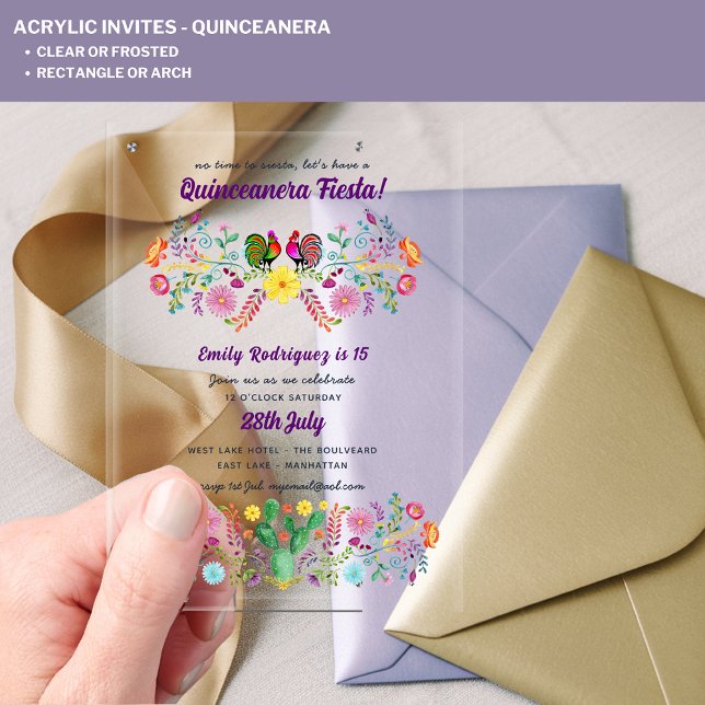 Invitations En Acrylique ACRYLIC Quinceanera Fiesta Folkart Oiseaux floraux (Créateur téléchargé)