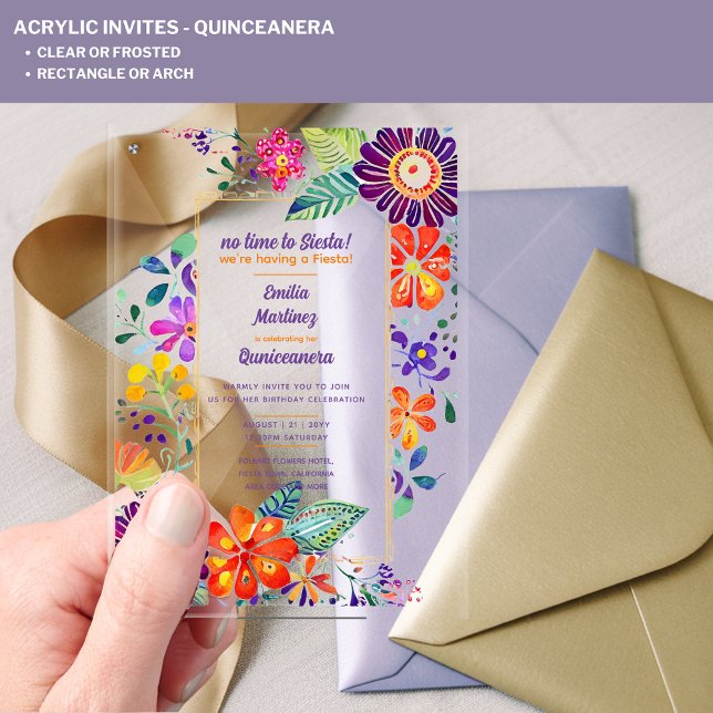 Invitations En Acrylique ACRYLIC Quinceanera Fiesta Folkart Oiseaux floraux (Créateur téléchargé)