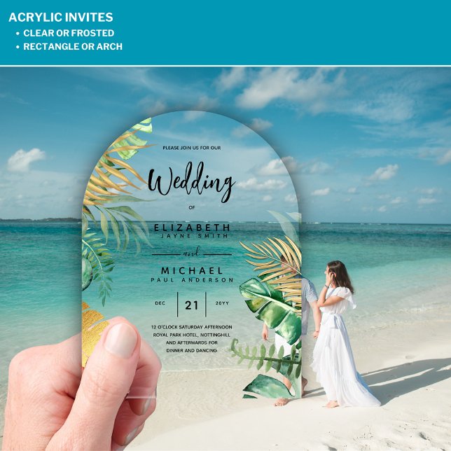 Invitations En Acrylique ACRYLIC Wedding Invite Tropical Gold Leaf Beach (Créateur téléchargé)