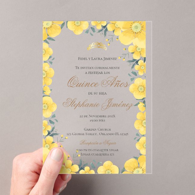 Invitations En Acrylique Acrylique espagnol Quinceanera invit florale jaune (In situ (ordinateur de poche))