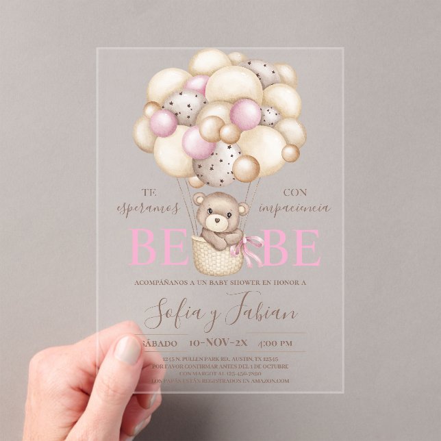 Invitations En Acrylique Acrylique ours ballons Baby shower fille espagnole (In situ (ordinateur de poche))