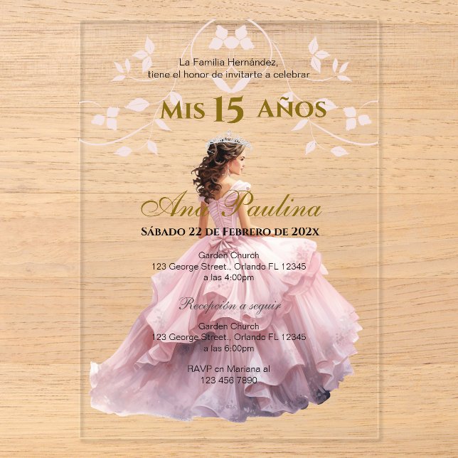 Invitations En Acrylique Acrylique rose Floral Quinceañera Espagnol Invitat (Recto)