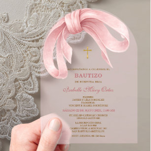 Invitations En Acrylique Acrylique Rose Ruban Doré Croix Baptême Fille