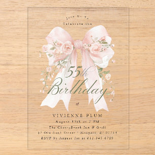 Invitations En Acrylique ACRYLIQUE TRANSPARENT 55e Anniversaire Rose Floral