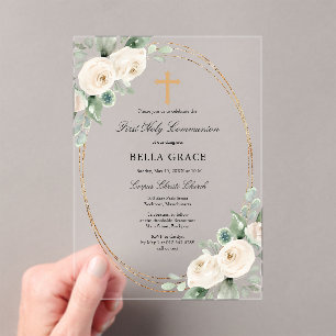 Invitations En Acrylique ACRYLIQUE TRANSPARENT Communion solennelle Rose fl