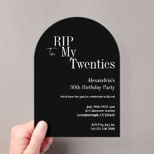 Invitations En Acrylique Adieu 20 ans Fête d'anniversaire 30 ans Noir et Bl