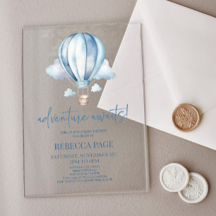 Invitations En Acrylique Adventure Attend ! Baby shower Blue Hot Air Balloo