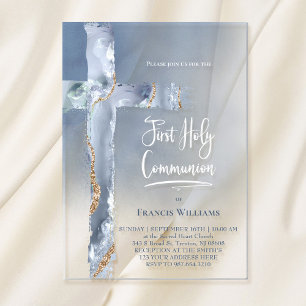 Invitations En Acrylique agate bleu Première communion
