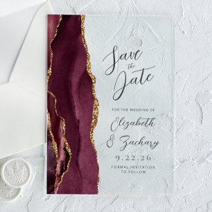 Invitations En Acrylique Agate Bourgogne Or Mariage Économisez la Date