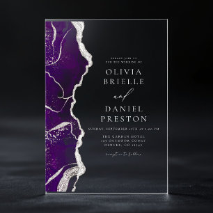 Invitations En Acrylique Agate d'argent violet Élégant Mariage moderne