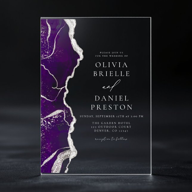 Invitations En Acrylique Agate d'argent violet Élégant Mariage moderne (Créateur téléchargé)