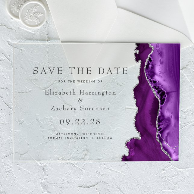 Invitations En Acrylique Agate d'argent violet Enregistrer la date (Créateur téléchargé)