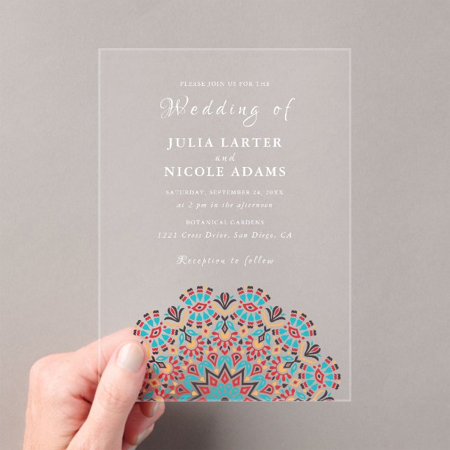 Invitations En Acrylique Agate Turquoise Turquoise & Vin Floral Mandala Mar (In situ (ordinateur de poche))