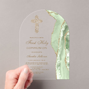 Invitations En Acrylique Agate Vert Sauge Première Communion