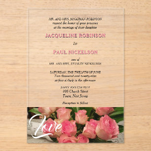 Invitations En Acrylique Aimer Rose Roses Mariée et Groom Clear