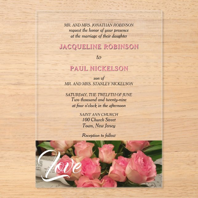 Invitations En Acrylique Aimer Rose Roses Mariée et Groom Clear (Recto)