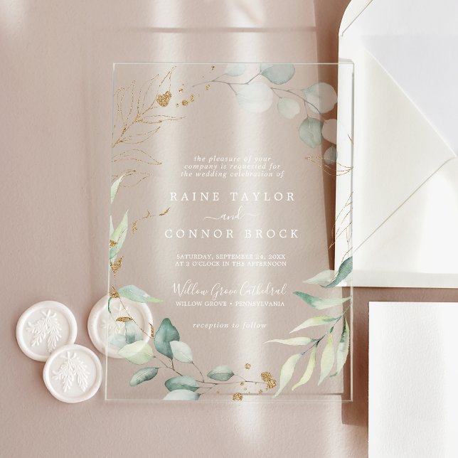 Invitations En Acrylique Airy Greenery Gold Leaf Blanc Boho Mariage moderne (Airy Greenery Gold Leaf White Boho Modern Wedding Acrylic Invitations)