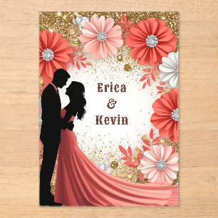 Invitations En Acrylique 💍 Alliance de mariage Fleurs de corail Or Couple 