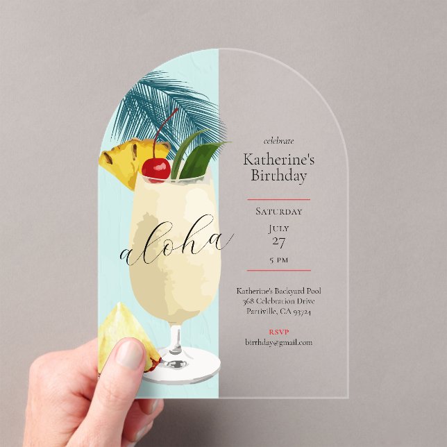 Invitations En Acrylique Aloha Green Pina Colada Cocktail Anniversaire (In situ (ordinateur de poche))
