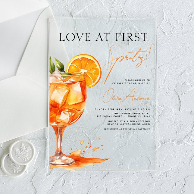 Invitations En Acrylique Amour à la Fête des mariées orange First Spritz (Créateur téléchargé)
