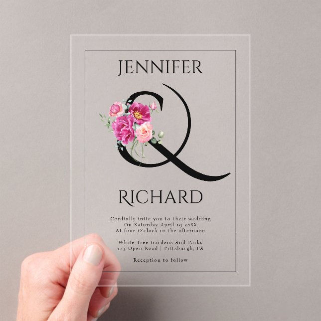 Invitations En Acrylique Ampersand et bouquet de roses roses mariage (In situ (ordinateur de poche))