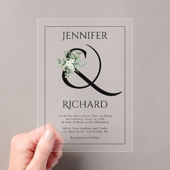 Invitations En Acrylique Ampersand, fleurs blanches et mariage eucalyptus (In situ (ordinateur de poche))