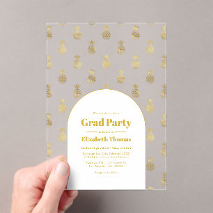 Invitations En Acrylique Ananas Doré Transparent Fête de Remise des Diplôme