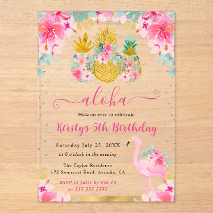 Invitations En Acrylique Ananas rose et or et Anniversaire de enfant Flaman