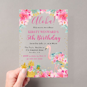 Invitations En Acrylique Ananas roses et dorés et anniversaire enfant flama