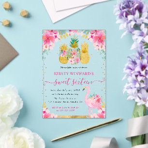 Invitations En Acrylique Ananas roses et dorés et Flamant Rose pour 16 ans