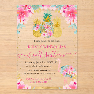 Invitations En Acrylique Ananas roses et dorés et Flamant rose Sweet 16