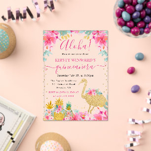 Invitations En Acrylique Ananas roses et dorés & Flamant rose 21e anniversa