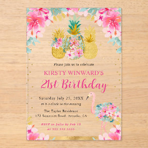 Invitations En Acrylique Ananas roses et dorés & Flamant rose 21e anniversa