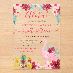 Invitations En Acrylique Ananas roses et dorés & Flamant rose Sweet 16