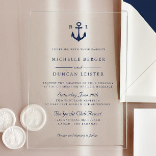 Invitations En Acrylique Ancre Bleue Classique MONOGRAM Mariage
